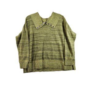 Vintage Textures Womens 1X Green Abstract Button Collar Long Sleeve Knit Sweater